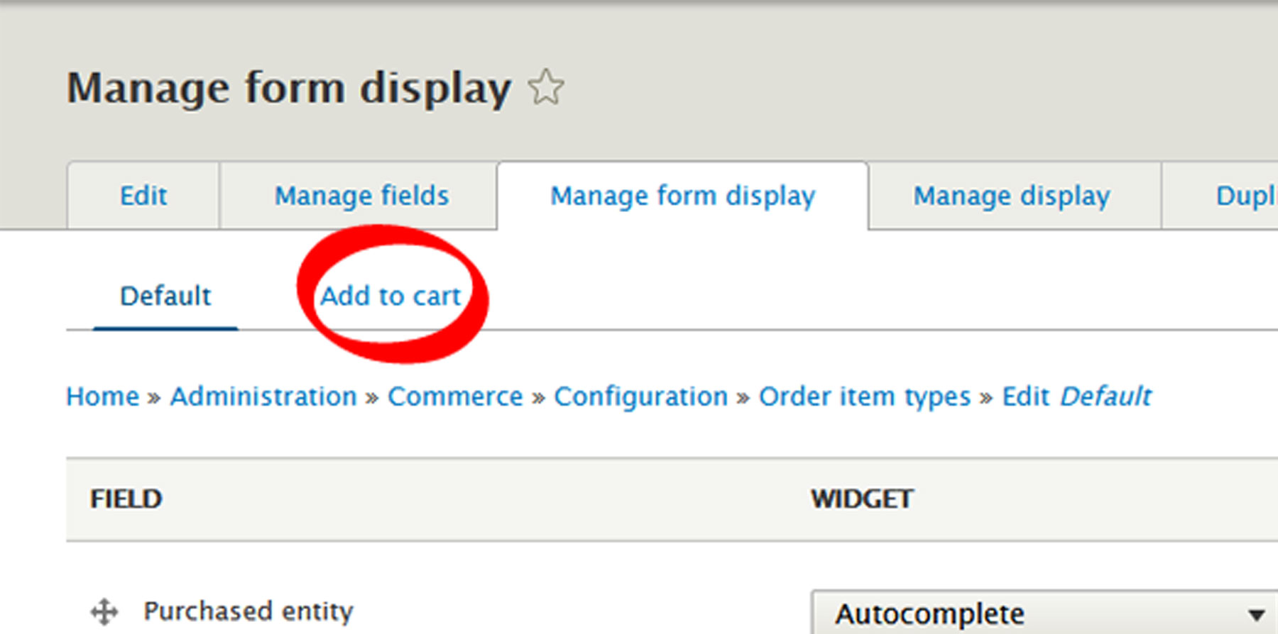 Find the Drupal 9 'Add to cart' settings link