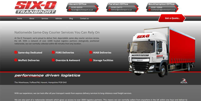 Screenshot of the Six-O Transport homepage
