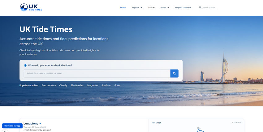 Screenshot of the UK Tide Times website homepage