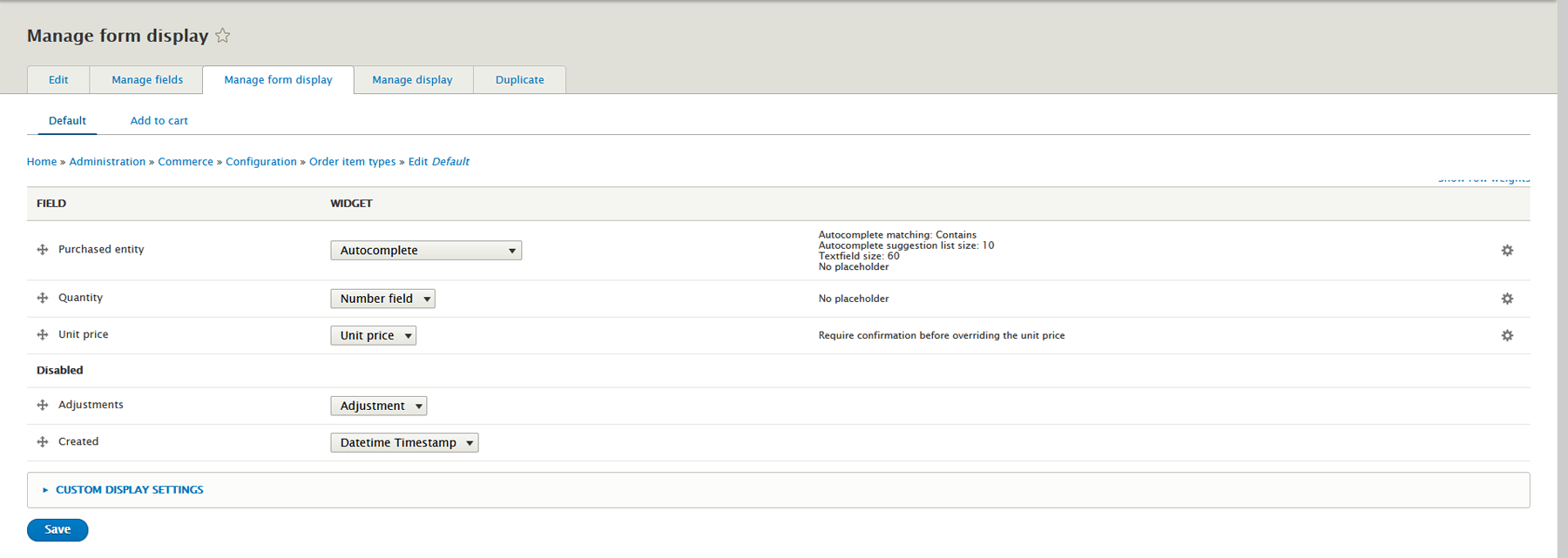 The 'order item type' manage form display screen in Drupal 9